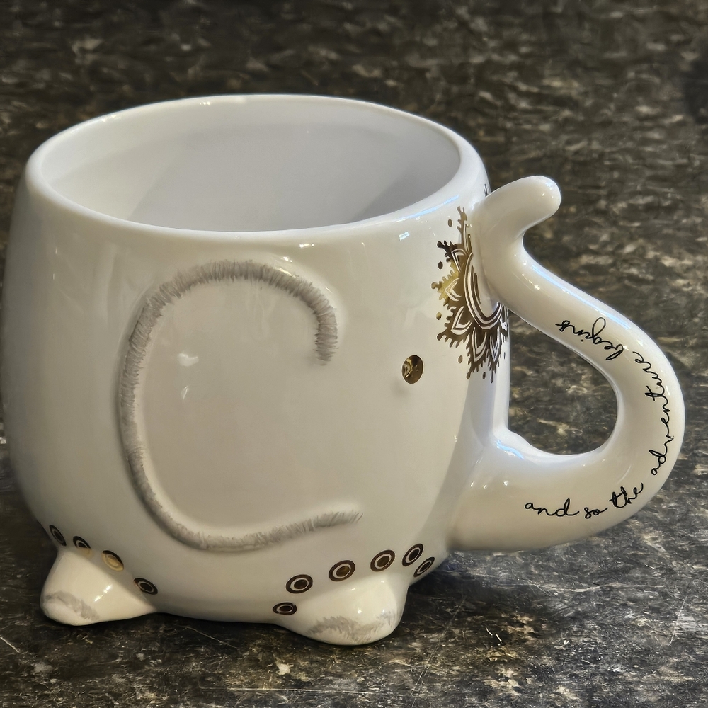 Elephant Trunk Coffee Tea Cocoa MUG "And so the Adventure Begins" White Gold